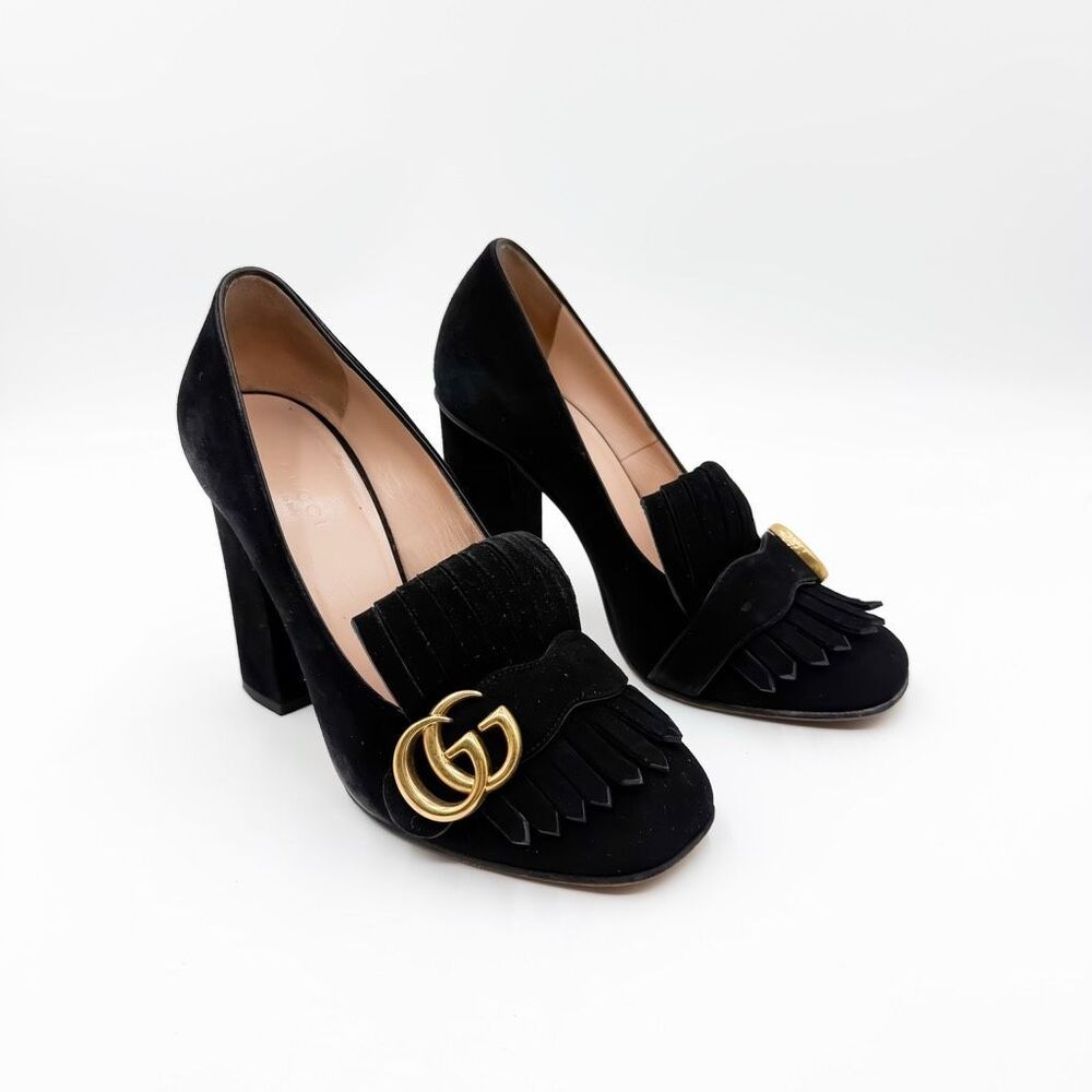 Gucci GG Marmont Fringe Black Loafer Block Heel Pumps EU 37 US 7 - Picture 2 of 16